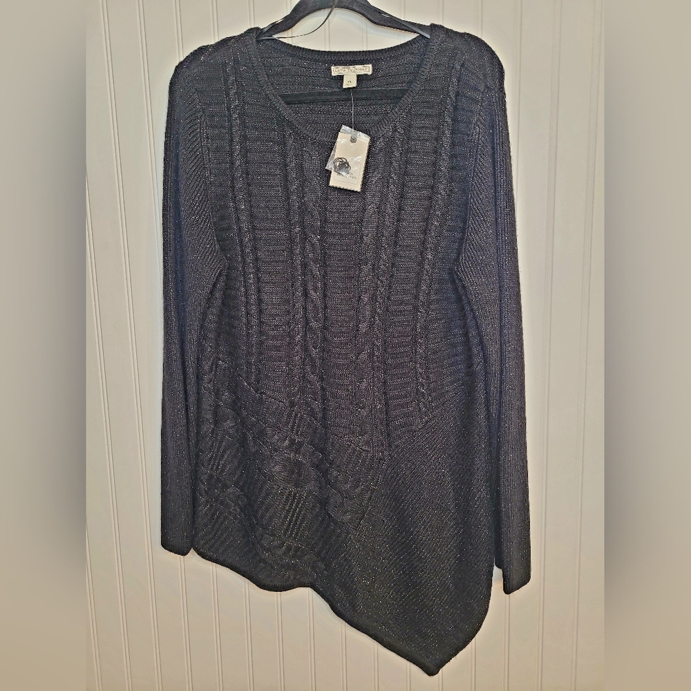 Dana Buchman Black & Silver Cable Knit Asymmetrical Sweater Sz XL NWT